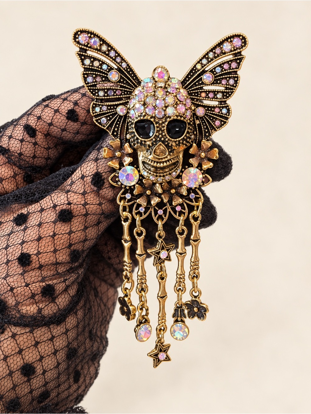 Halloween Gothic Gold Butterfly Tassel Brooch